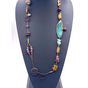 Multicolor Stones Beaded Leather Cord Necklace 47 Inches